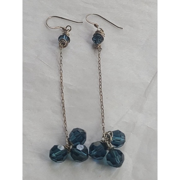 Source Unknown Jewelry - Handmade Sterling Silver 925 Blue Crystal Dangle Earrings  Silver Chain & Hook